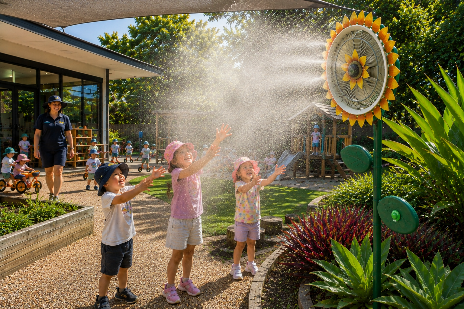 Children playing under a sunflower-style misting fan in a childcare playground