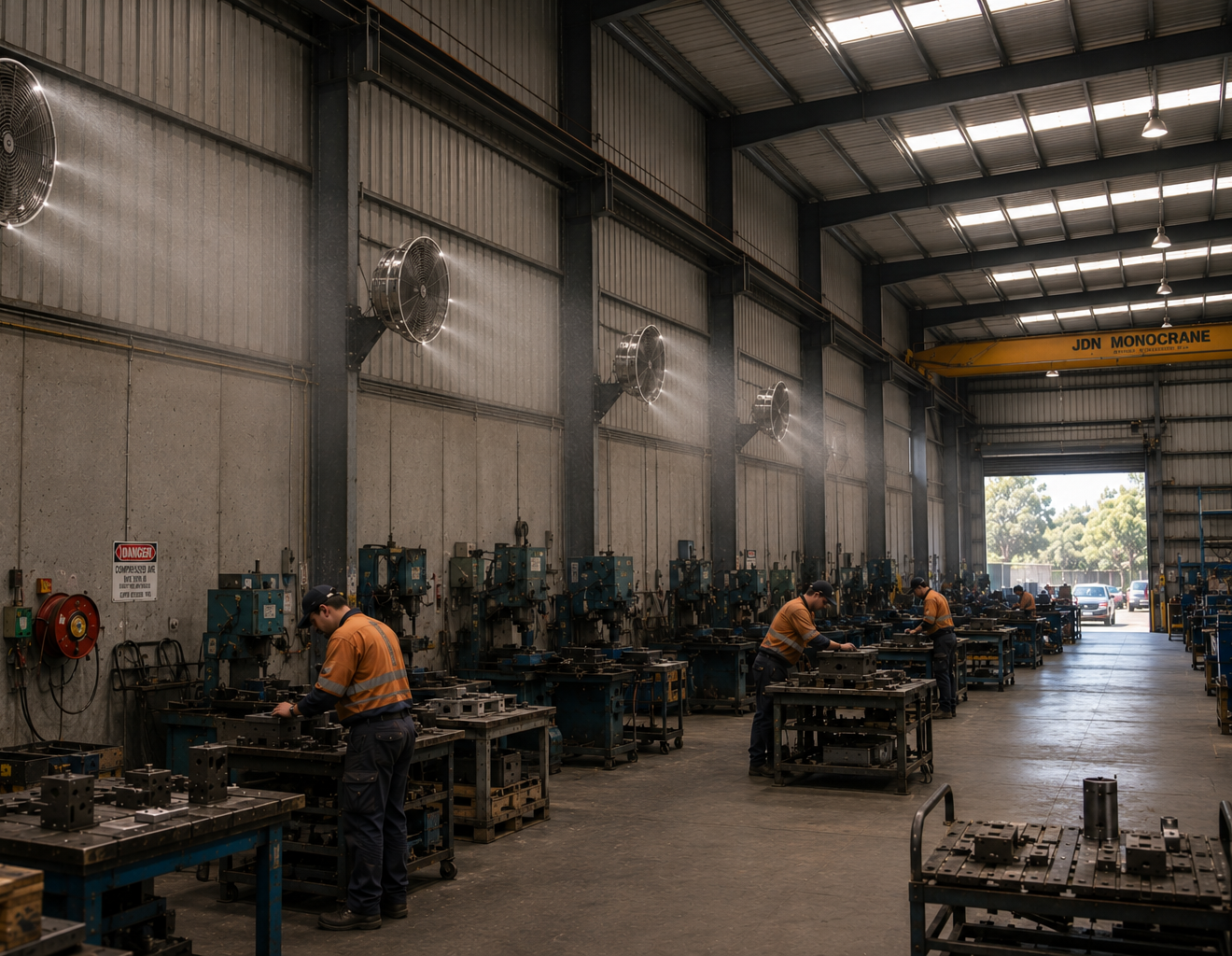 Industrial misting fans cooling workers in a factory workshop