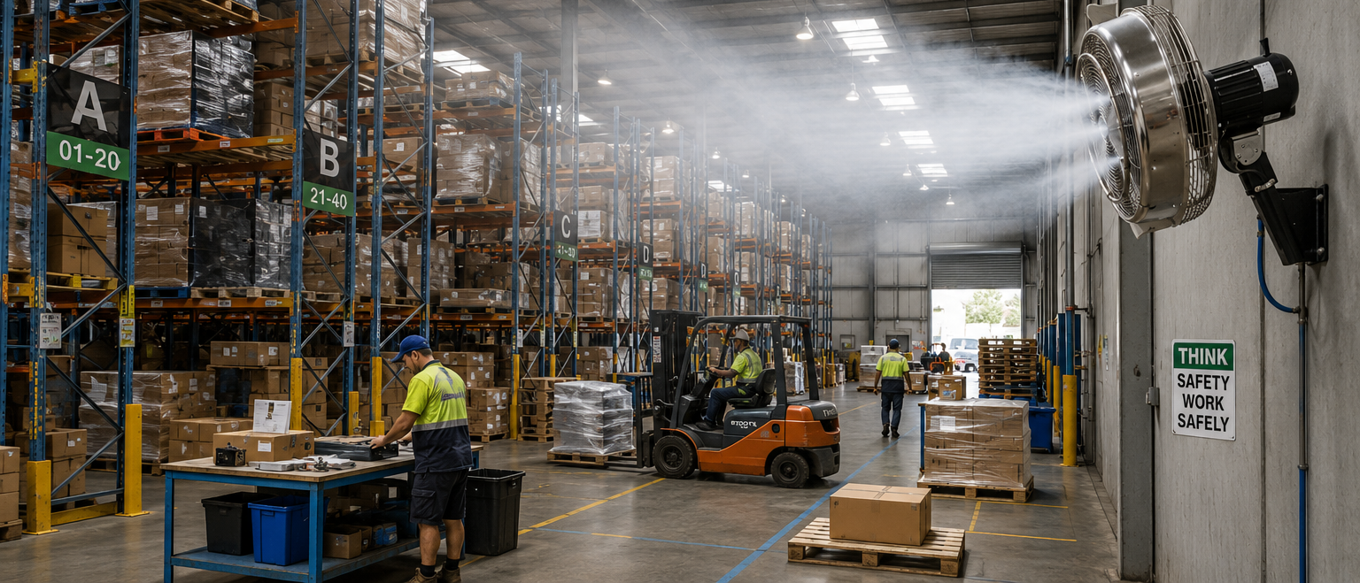 Wall-mounted industrial misting fan cooling a warehouse aisle