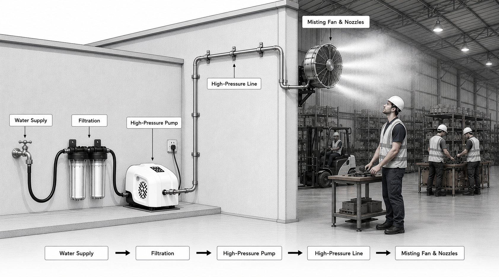 Diagram of an industrial misting fan setup in a warehouse