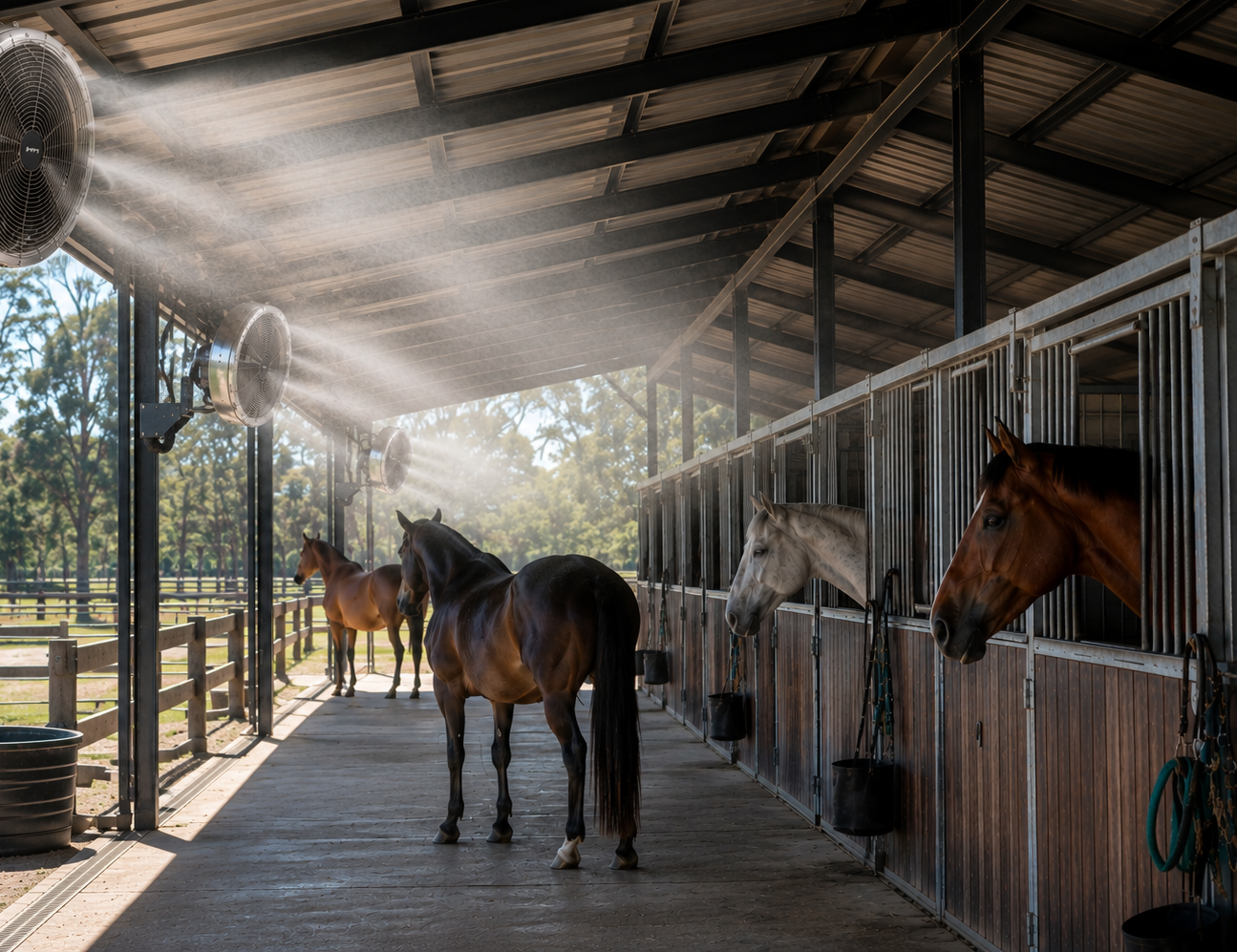 Misting fans cooling horses in a stable walkway