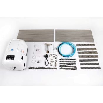 MistPro-600 commercial misting kit laid out with pump, misting line, nozzles and fittings