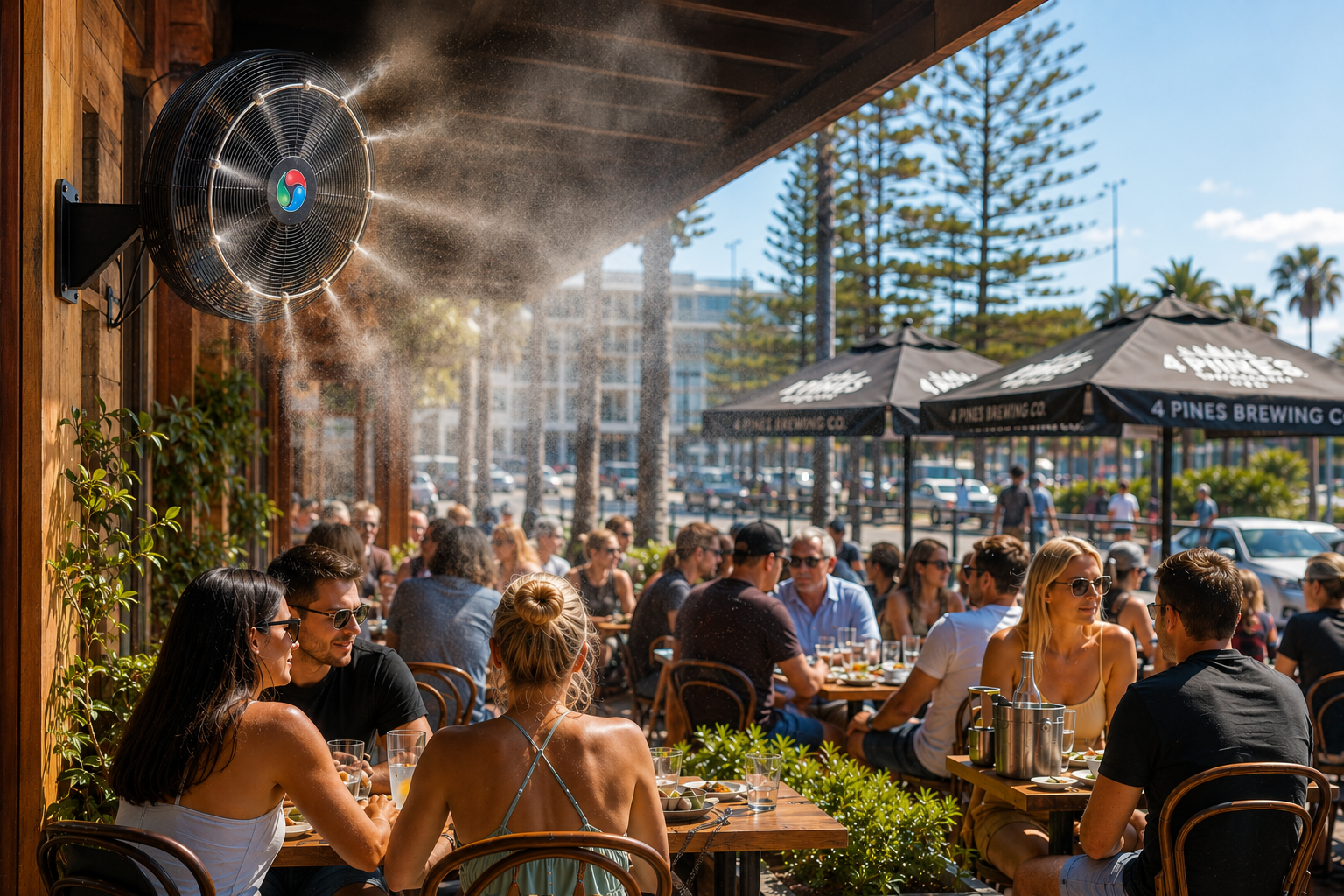 Wall-mounted misting fan cooling diners at an outdoor café