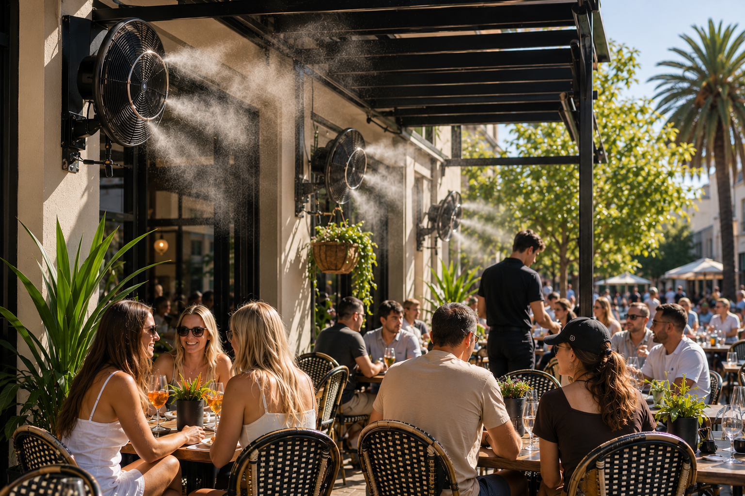 Misting fans cooling a busy restaurant alfresco dining area
