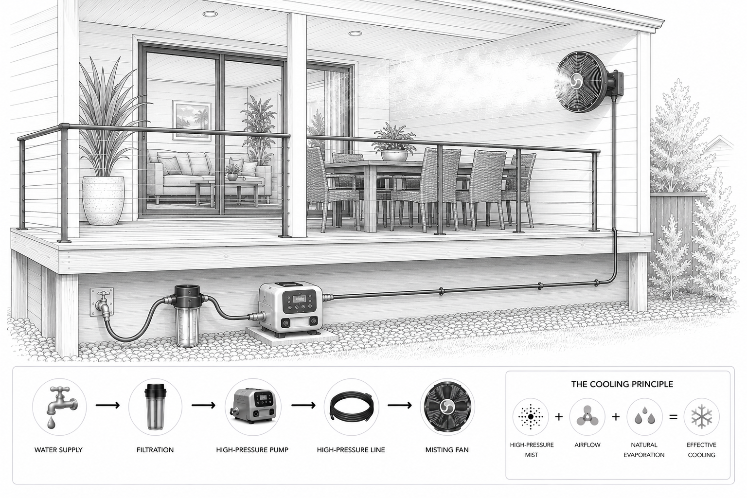 Diagram of a residential misting fan on a deck connected to a filter and high-pressure pump