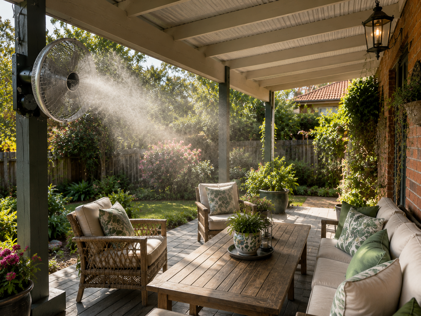Pedestal misting fan cooling a backyard patio with outdoor furniture